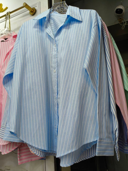 Women Casual Collar Down Stripes Shirts